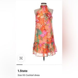 1.‎ State Halter Neck Leaf Print Mini Dress Ruffle Hem Tropical Art Spring XL